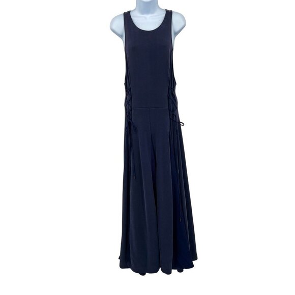 Free People Stella Cupro Lace Up Pleated Maxi Dress Blue Large Sleeveless - Picture 3 of 11